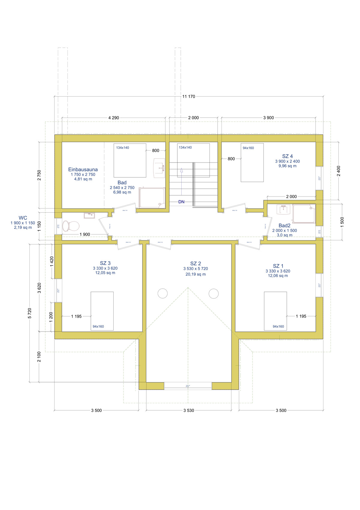 Attic floor plan with bedrooms 1–4, bathroom, toilet, built-in sauna, stairs, and hallway.