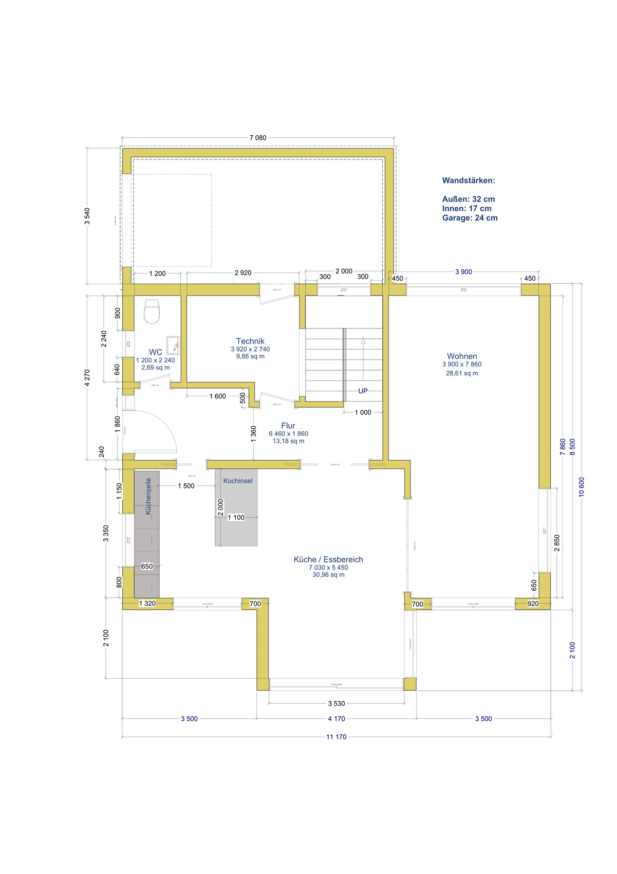 House floor plan: kitchen/dining area, living room, utility room, hallway, toilet with measurements.