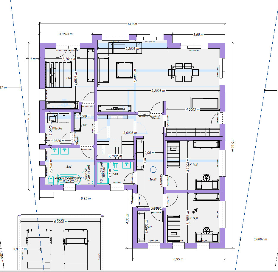Floor plan of a house with several rooms, bathroom, kitchen, hallway, and garage with measurements