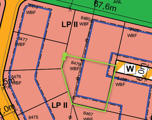 Cadastral map with pink parcels LP II, blue outlines, green line with marker.