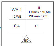 Schematic floor plan of a house with room layout and labels WA 1 2 WE
