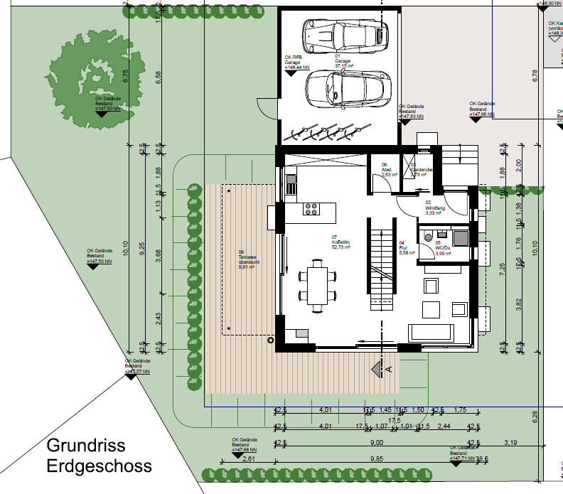 Ground floor plan of a house with terrace, garden with trees and garage
