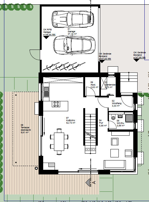 Floor plan of a residential house with double garage, open living/kitchen area, terrace, and staircase.