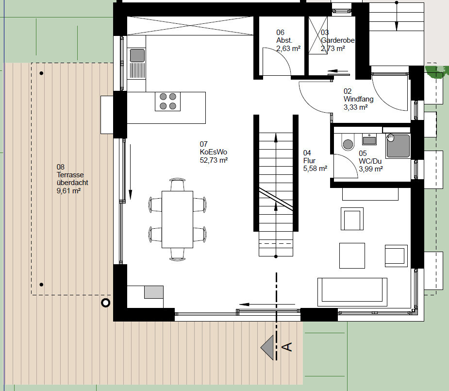 Floor plan of a house: terrace, living-dining area with kitchen, hallway, vestibule, wardrobe, WC/shower.