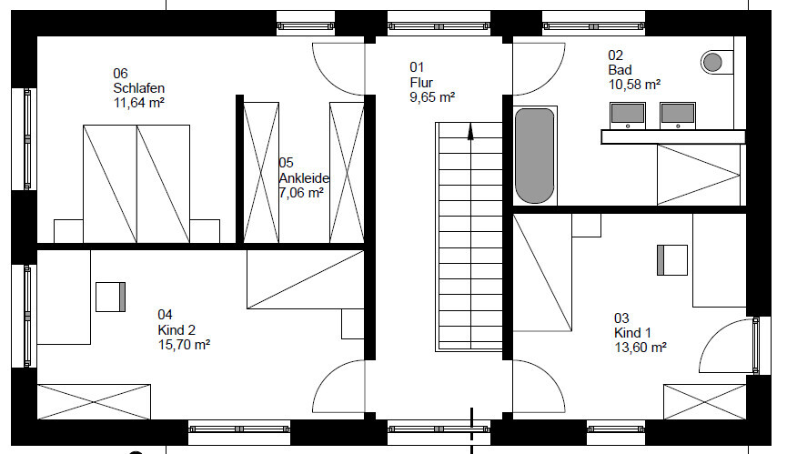 Floor plan of an upper floor: hallway, bathroom, bedroom, child 1, child 2, walk-in closet