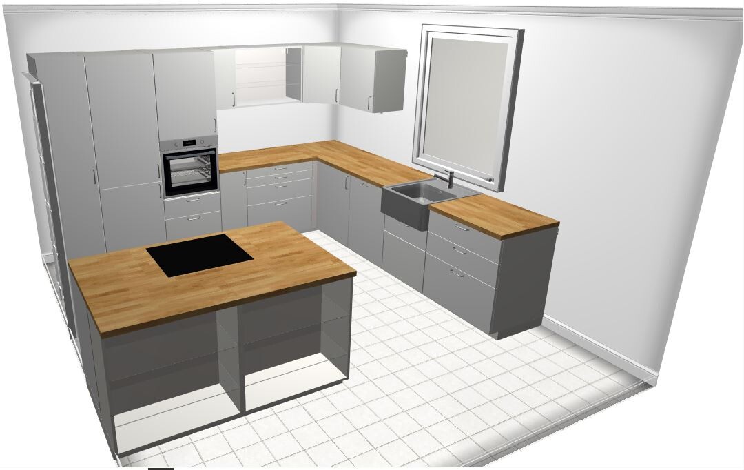 3D kitchen with gray fronts, wood countertops, and sink in the kitchen run