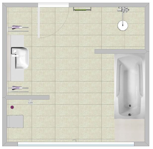 Bathroom floor plan: Bathtub on the right, sink on the left, toilet bottom left.