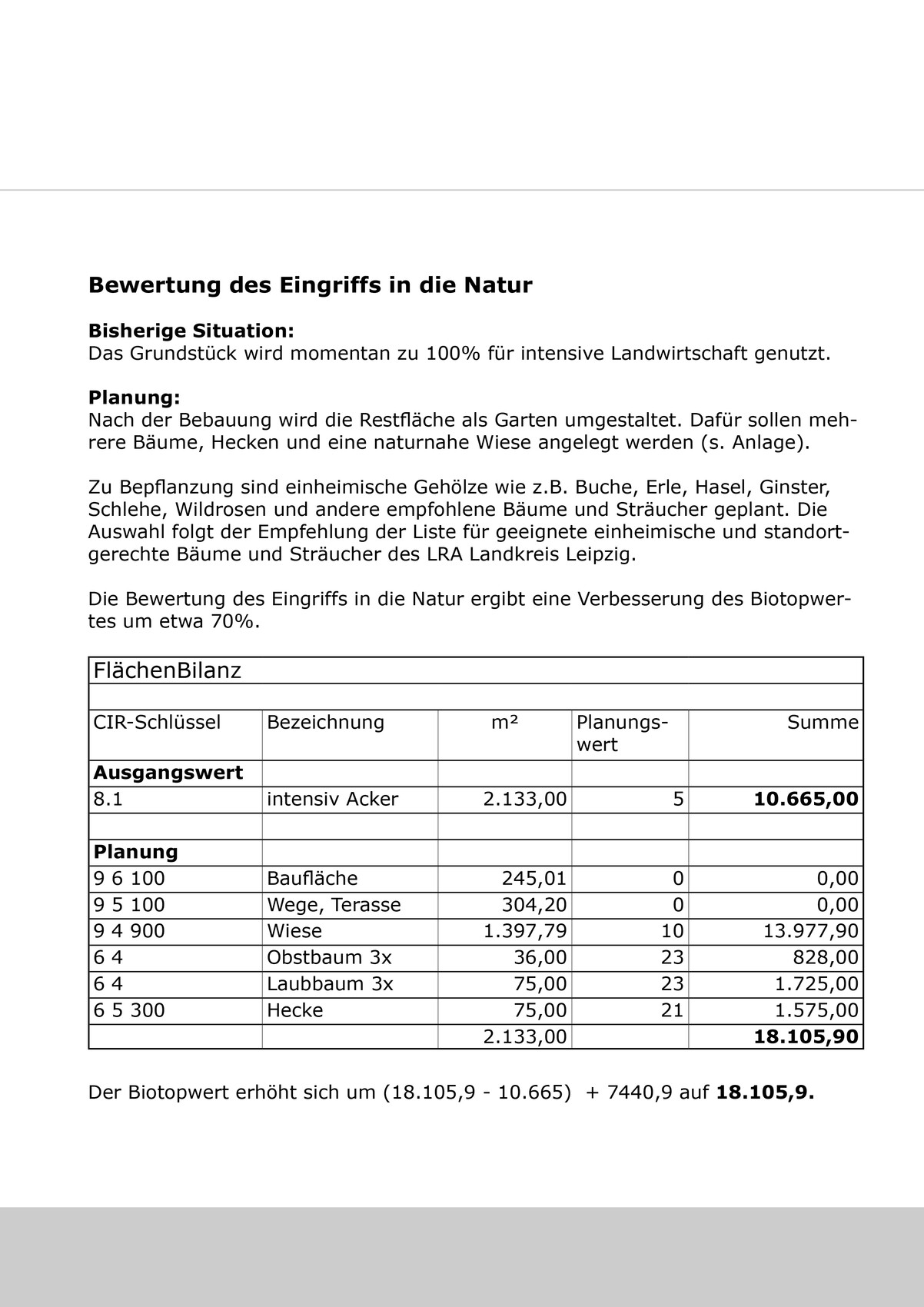 Dokument zur Bewertung des Eingriffs in die Natur mit Planung und Flächenbilanz.