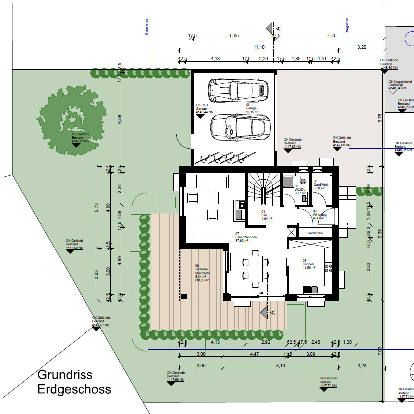 Ground floor plan with terrace, garden, and driveway around the house