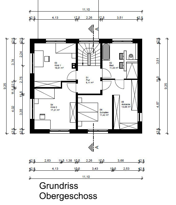First floor plan: hallway, bathroom, walk-in closet, bedroom, two children’s rooms, staircase.