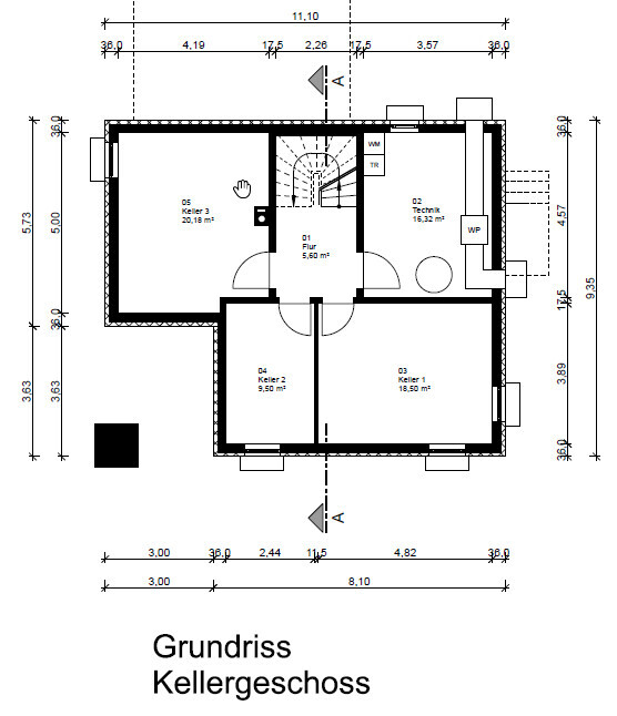 Basement floor plan: hallway, staircase, utility room, and three cellar rooms.