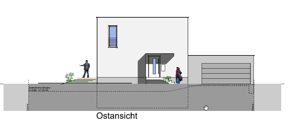 East elevation of a modern house with entrance door, garage, and two people outside.
