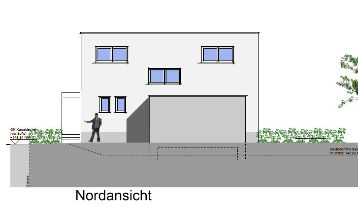 North elevation of a house with garage extension, person at the entrance, garden hedge on both sides.