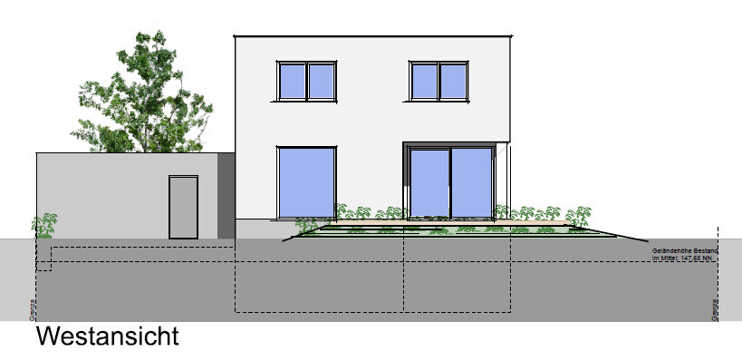Modern two-story west elevation: house with large blue windows, terrace and garden.