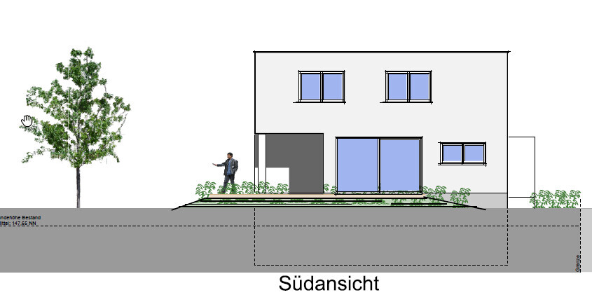 Modern two-story south elevation of a residential house with large windows, entrance door, tree and garden.