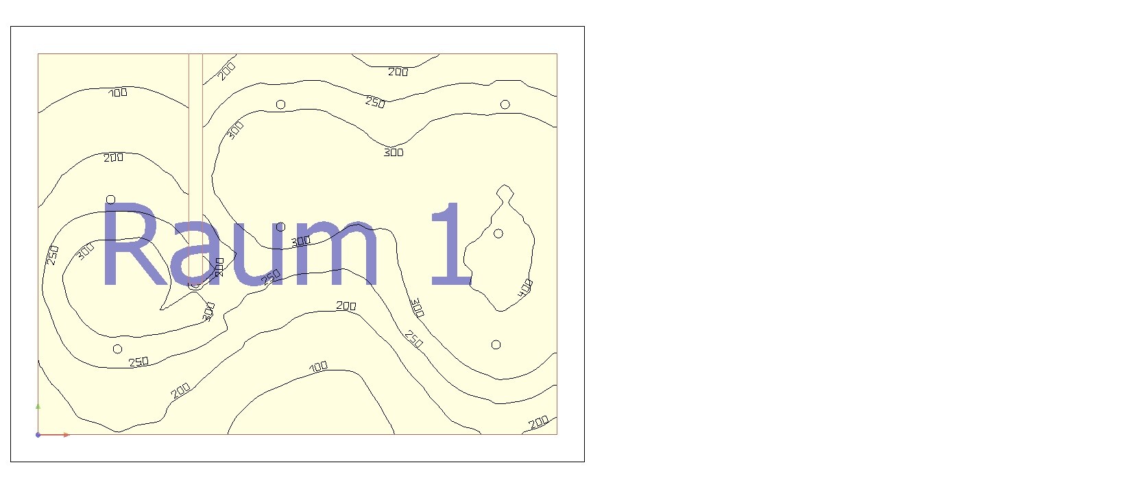 Konturkarte mit Isolinien (Werte 100–300) und großem blauen Text Raum 1 über dem Diagramm