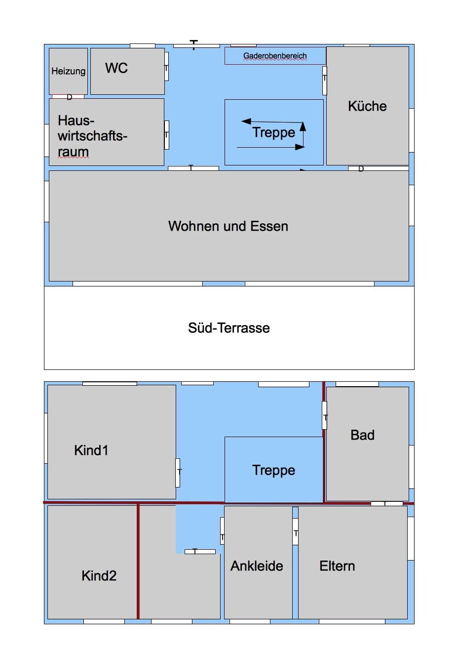 Two-story floor plan with living and dining area, kitchen, terrace, and stairs