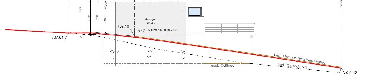 Seitenansicht eines Hauses mit Garage, Geländekontur und roter Höhenlinie.