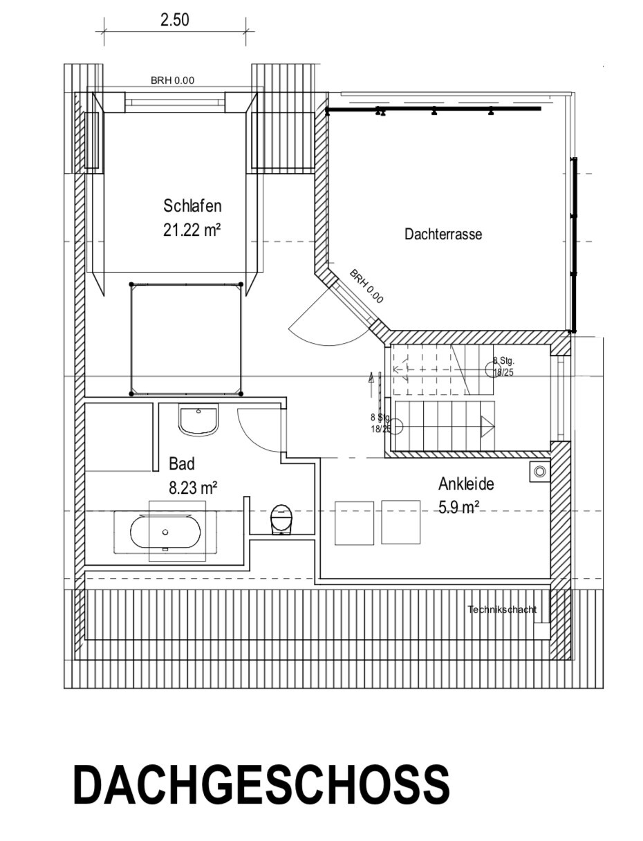 Attic floor plan with bedroom, bathroom, dressing room and roof terrace.