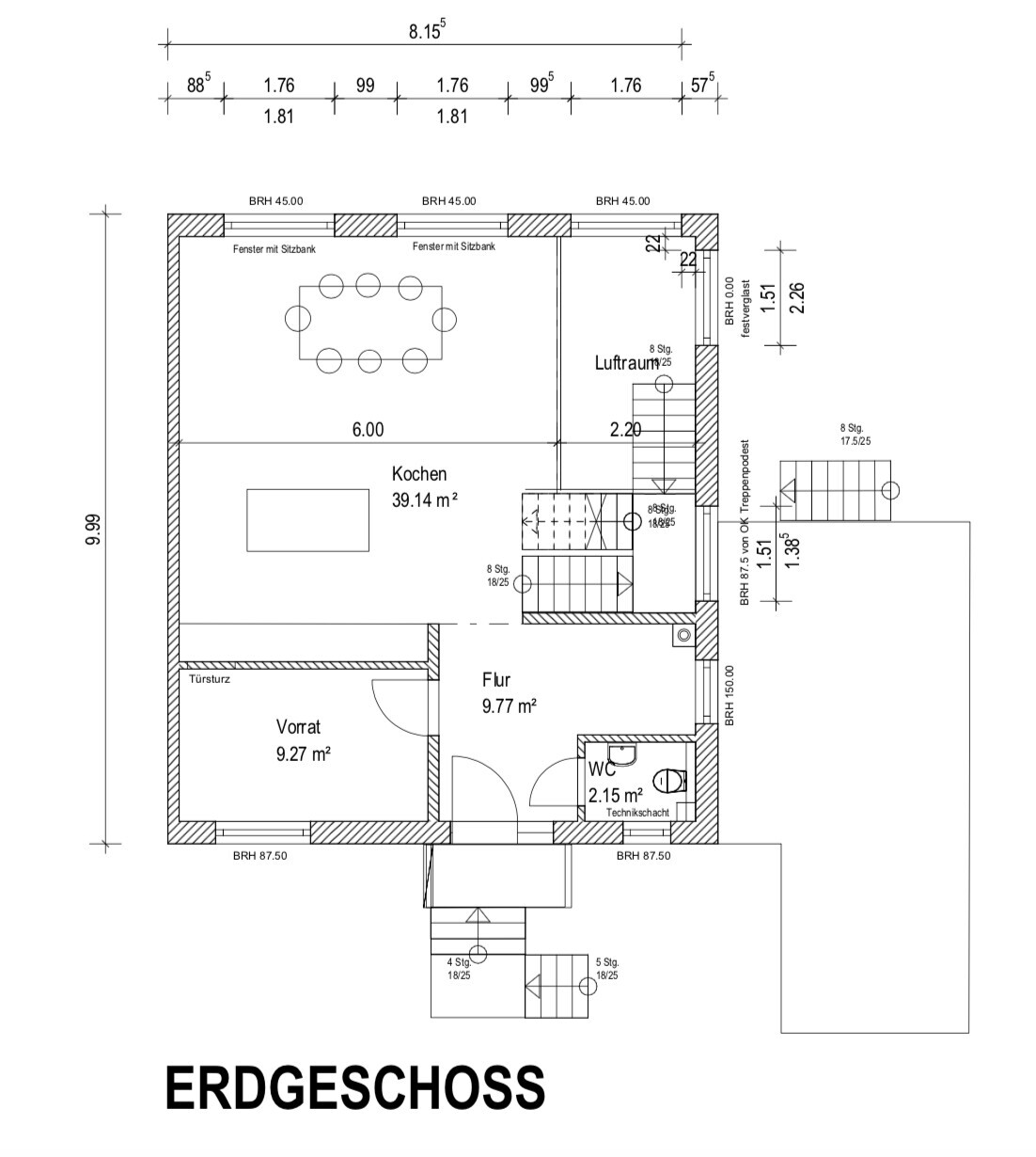 Ground floor plan: open kitchen with dining area, pantry, hallway, WC, stairwell.