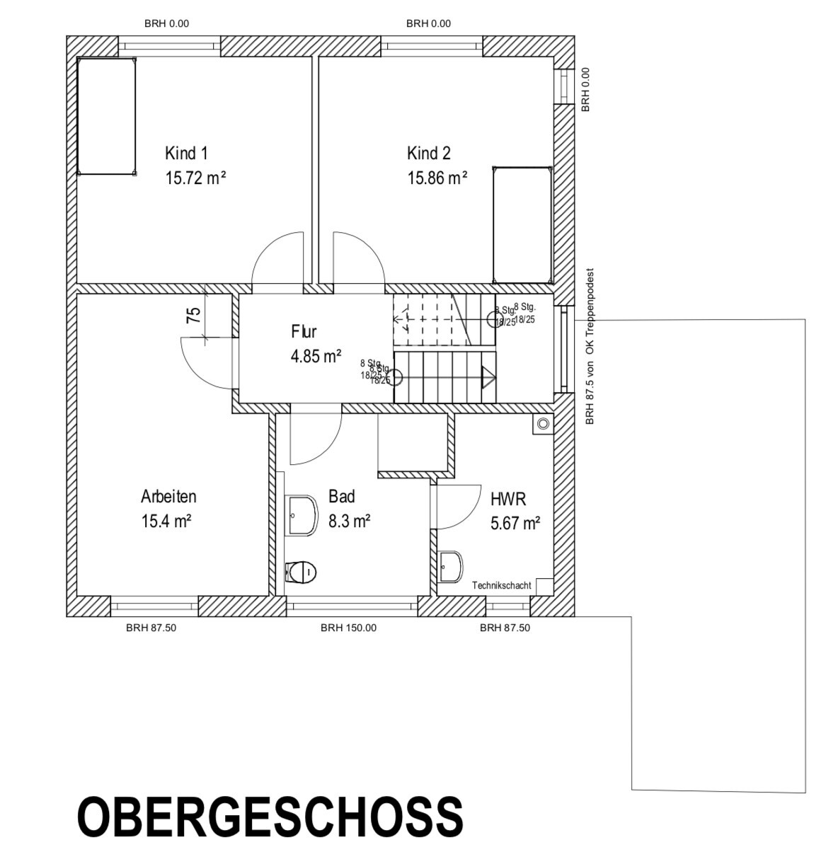 Upper floor plan with two children’s rooms, office, hallway, bathroom, utility room.
