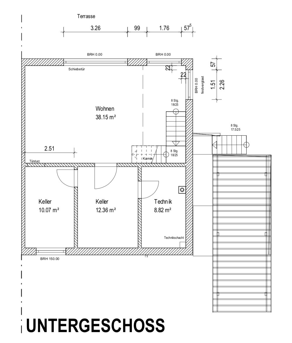 Basement floor plan: terrace above, living room 38.15 m² (411 sq ft), cellar 10.07/12.36 m², technical room 8.82 m².