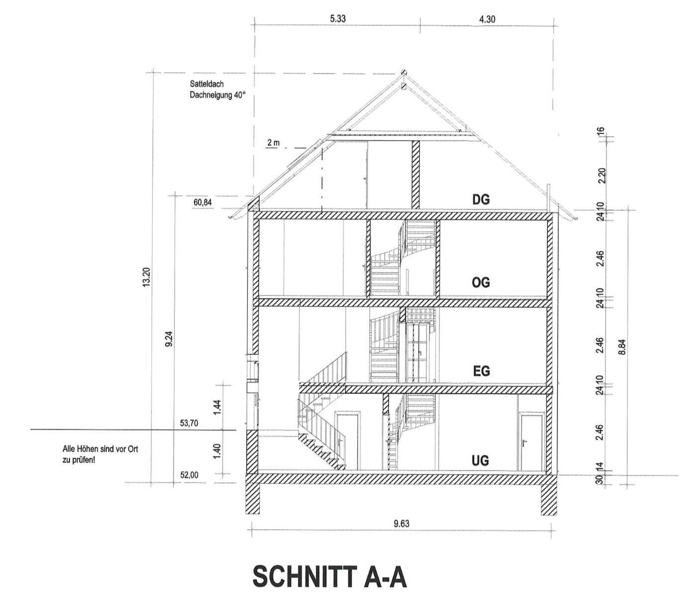Section A-A of house with basement, ground floor, upper floor, attic, stairwell and roof pitch 40°