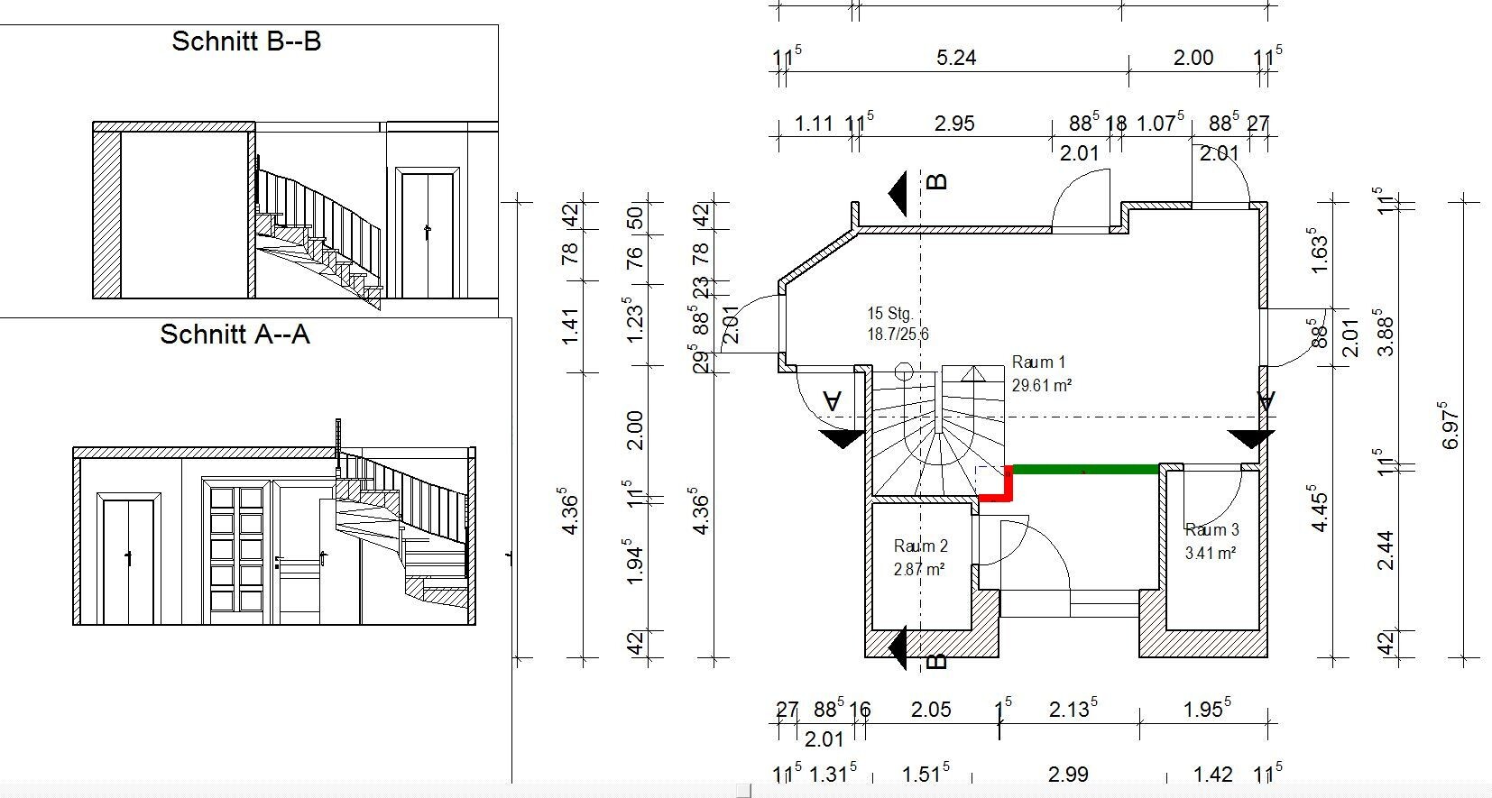 Floor plan with sections A-A and B-B, stairs, doors and three rooms (rooms 1–3), dimension lines.