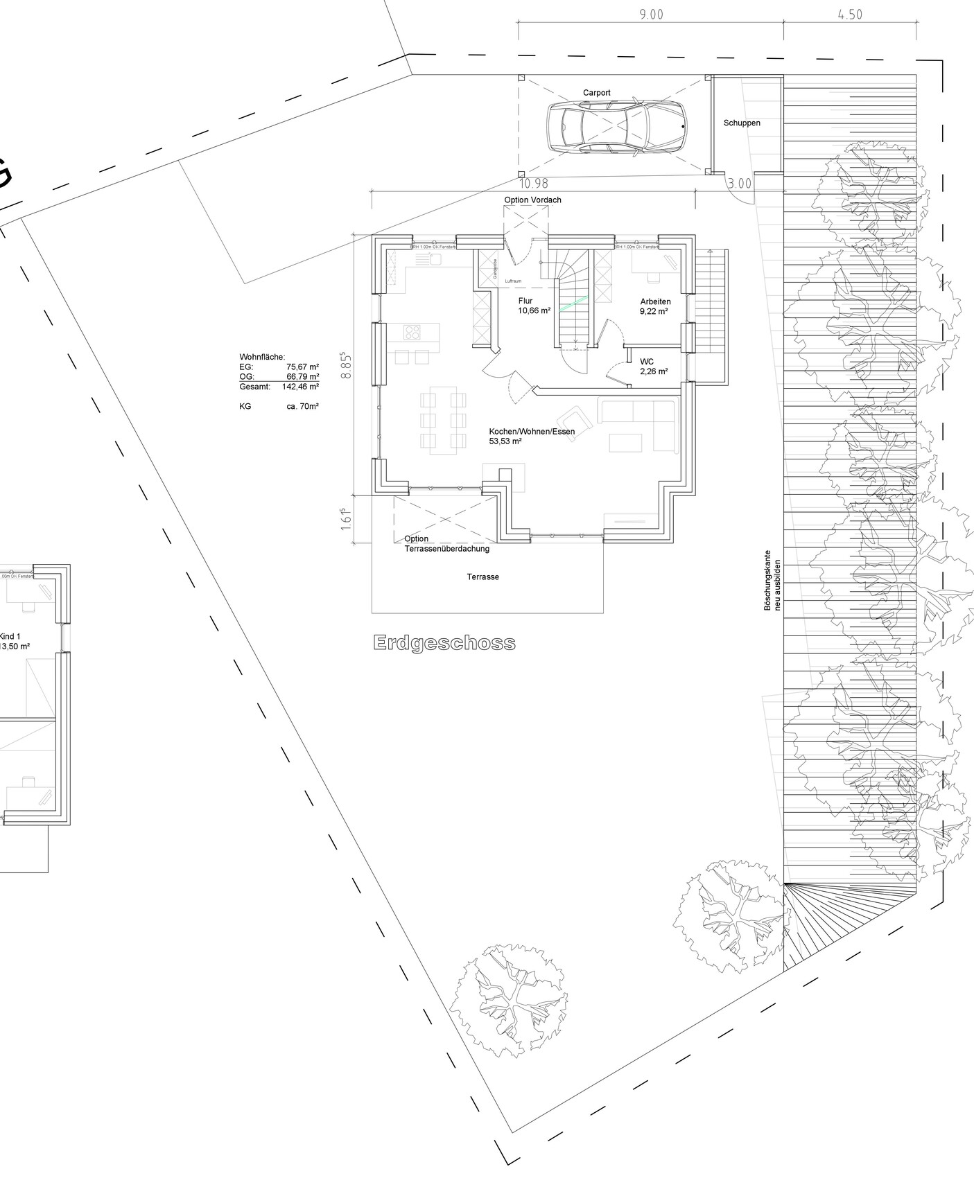 Ground floor plan: Kitchen/Living/Dining, Hallway, Office, WC, Terrace, Carport.