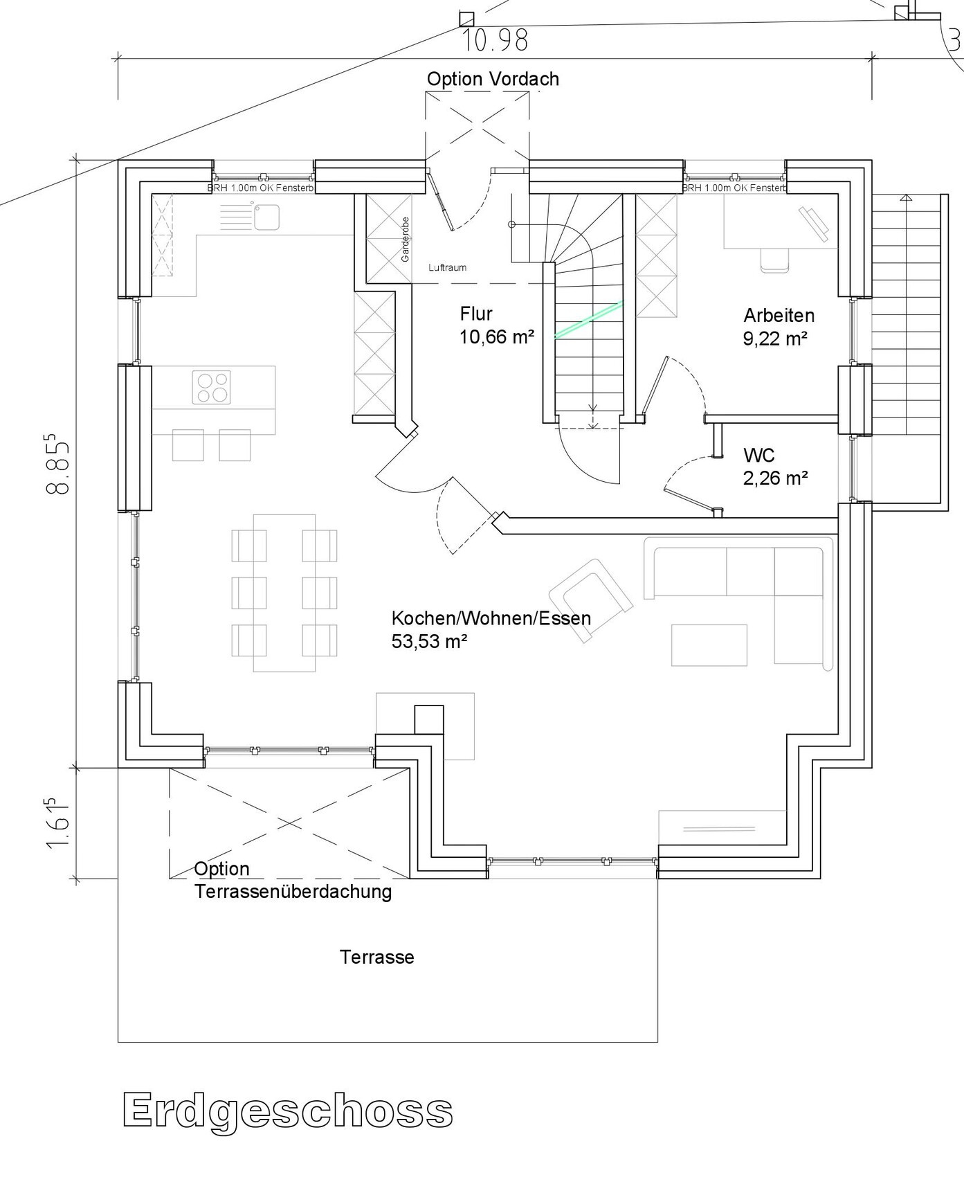 Ground floor plan: Cooking/Living/Dining, Terrace, Hallway, Office, WC.