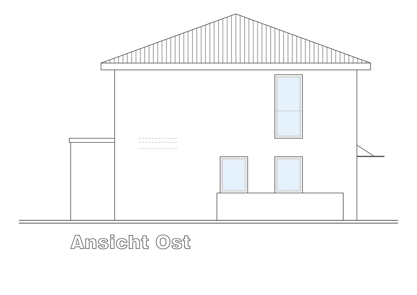 Two-story house east view with gable roof, three windows on the right, and terrace below.
