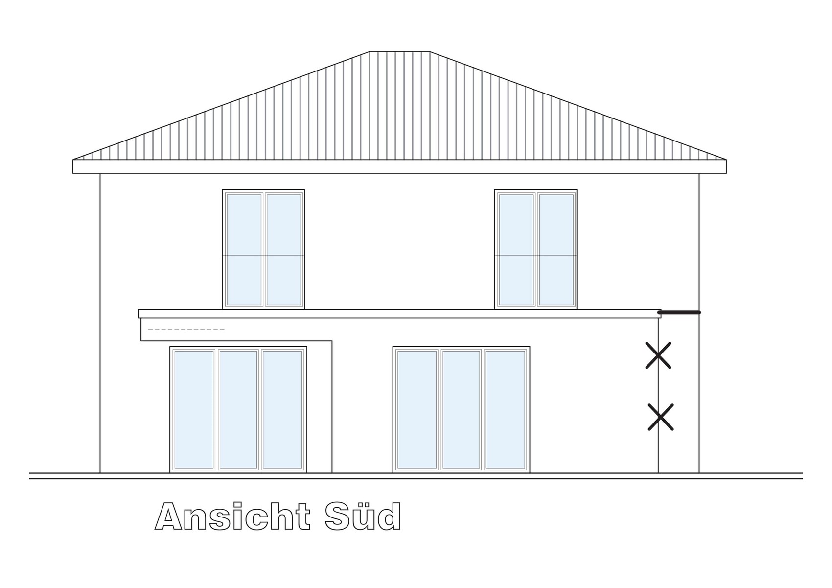 Two-story residential house from the south with gable roof and large glass windows.