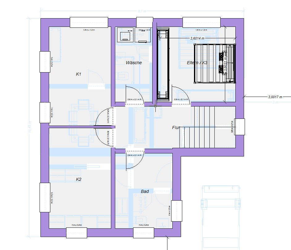 Floor plan of a house: upper floor with child’s room 1, child’s room 2, master bedroom, bathroom, laundry, corridor.
