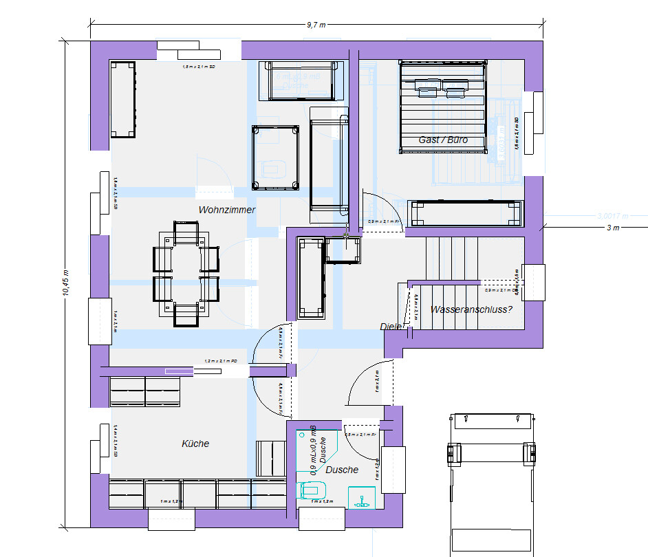 Floor plan of a house with living room, kitchen, shower, hallway and guest/office.