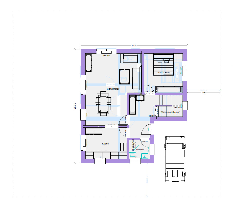 Floor plan of a single-family house with living room, kitchen, hallway, bathroom/shower, guest room/office and garage.