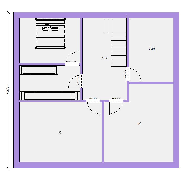 Floor plan of a house with hallway, bathroom, and kitchen