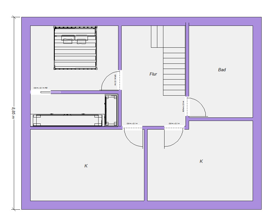 Floor plan of a house: hallway with stairs, bathroom on the right, two rooms below, bedroom top left.