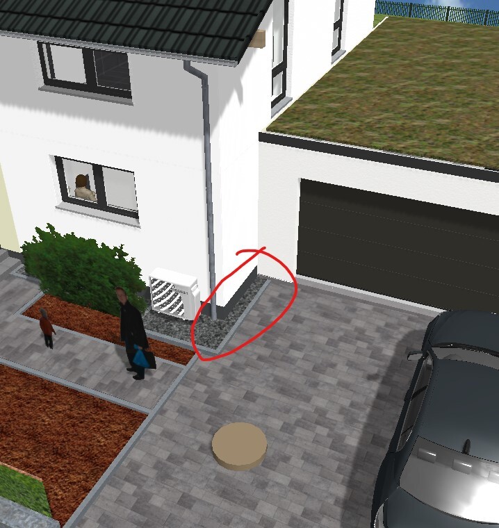 White house with garage, car in front; two adults and child walking on the sidewalk.