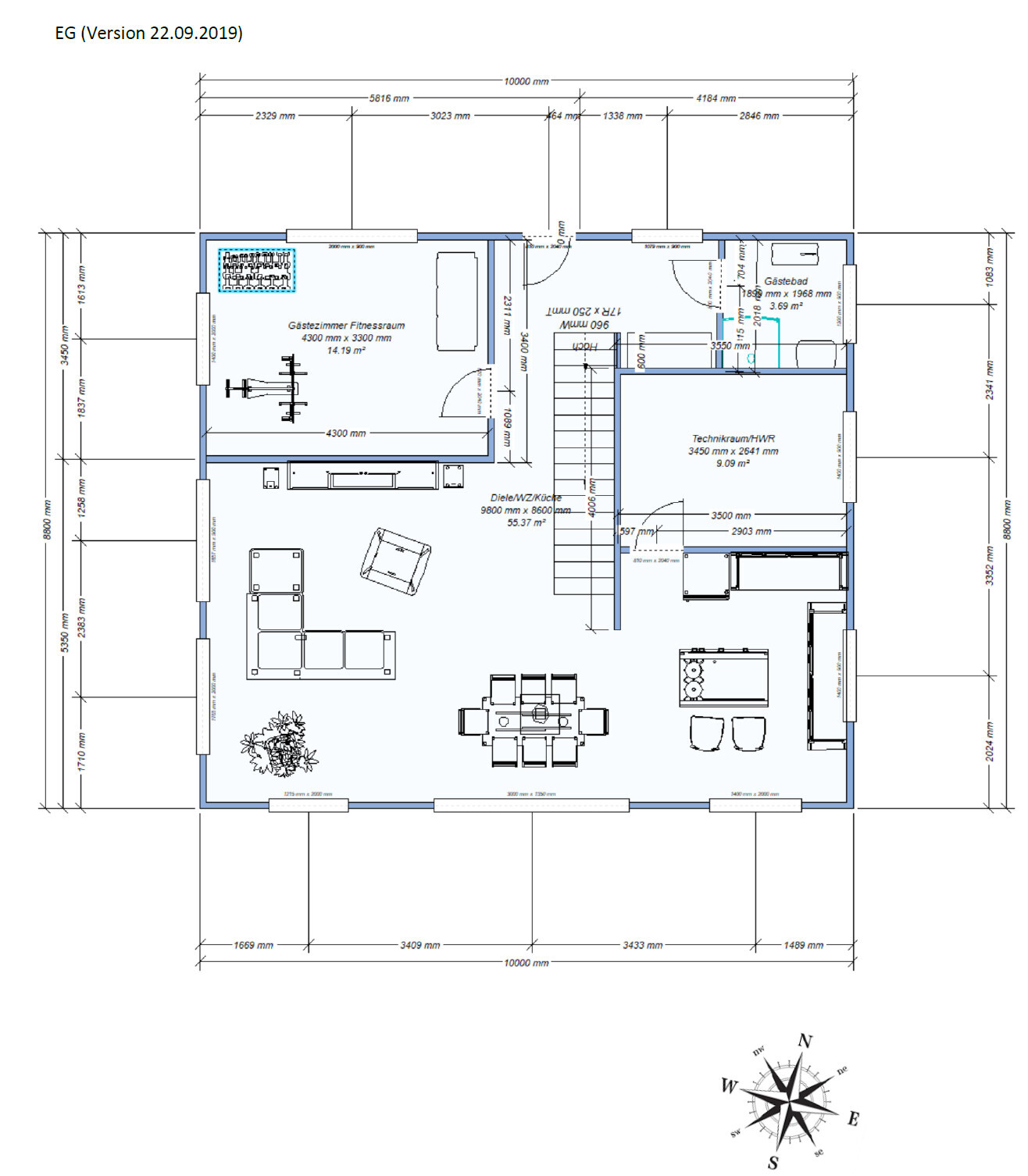 Ground floor plan: living/dining area with kitchen, guest room/fitness room, technical room.