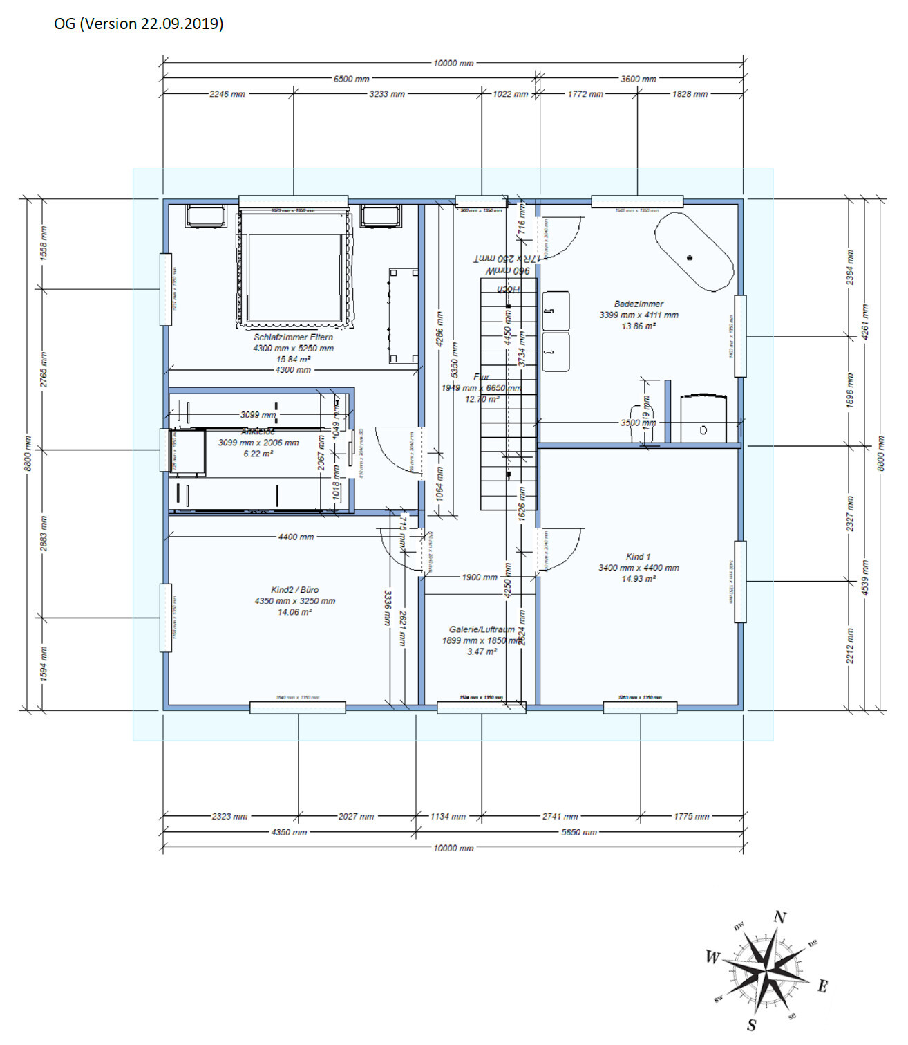Upper floor plan: parents' bedroom, child 1, child 2/office, bathroom, gallery/hallway, staircase, dimensions.