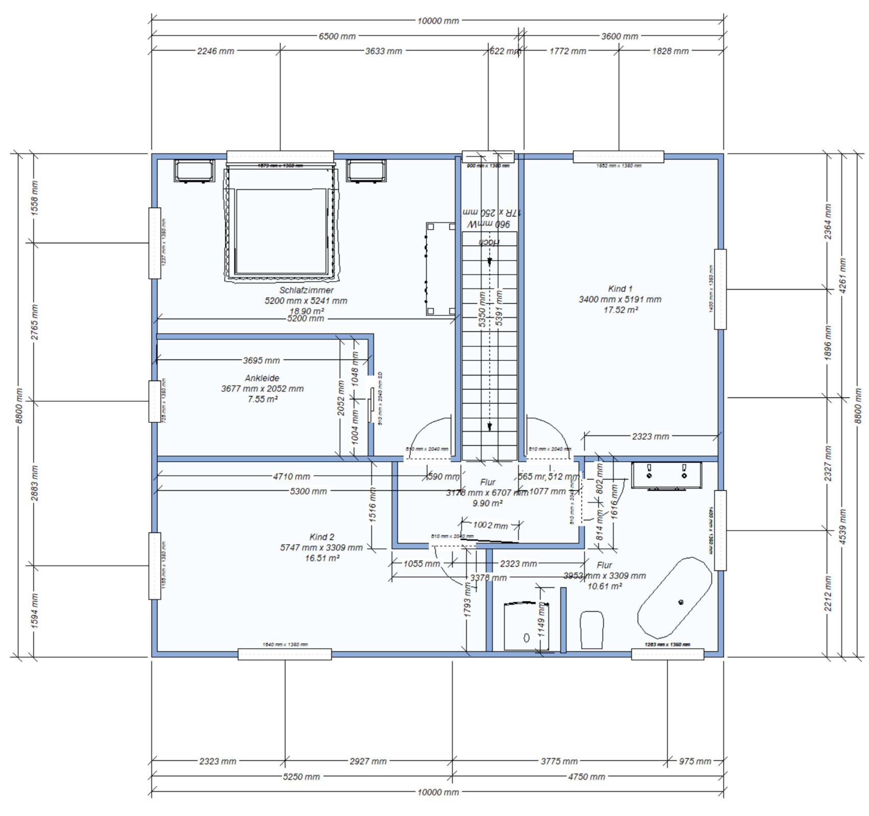 Floor plan of a house, upper floor: bedroom, walk-in closet, two children’s rooms, hallway, bathroom, stairs.