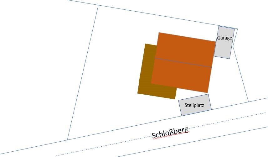 Property plan: red house, brown outbuilding, garage on the right, parking space below at the Schlossberg.
