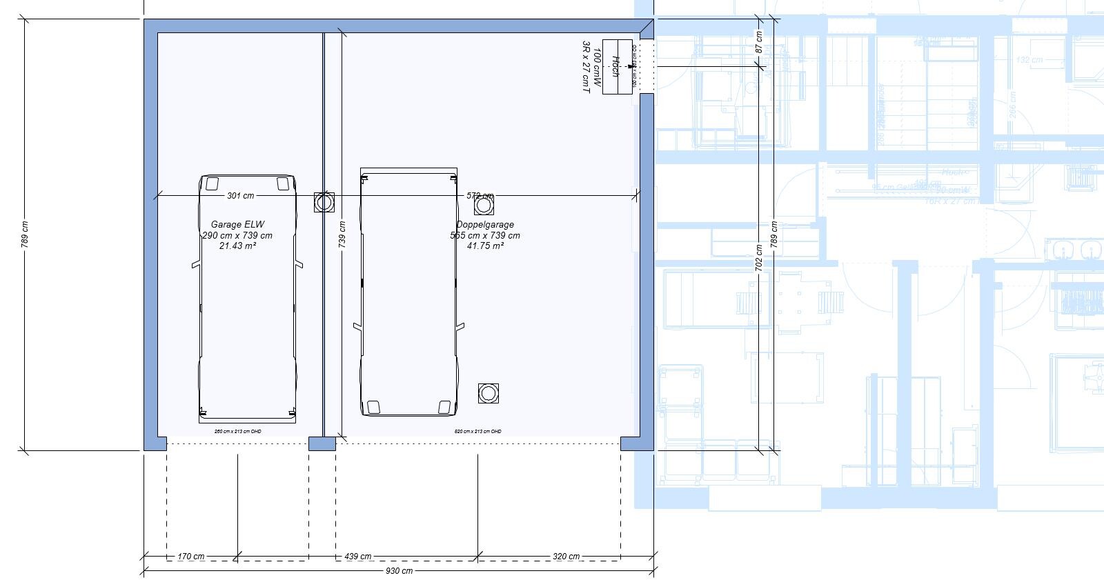Grundriss: Garage ELW (290×739 cm) links und Doppelgarage (505×739 cm) rechts.