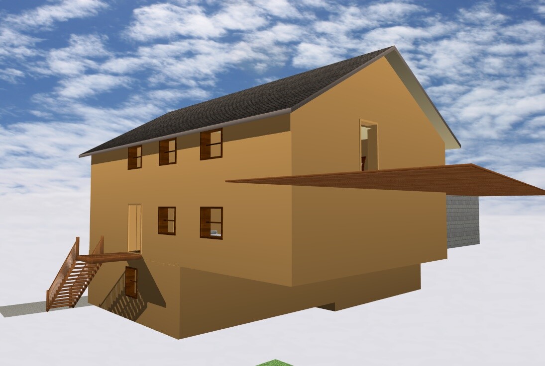 Mehrstöckiges Hausmodell mit brauner Fassade, Holztreppe und Dachüberhang vor Himmel