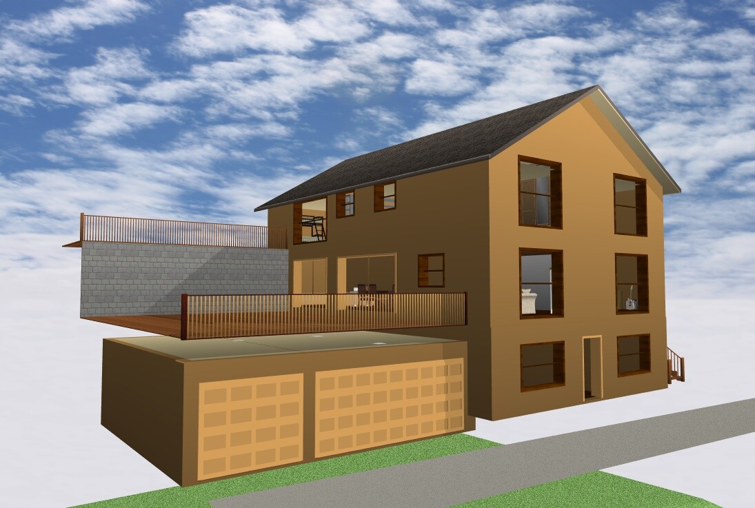 Modernes braunes Haus mit Garage, Deck und Dach, blauer Himmel.