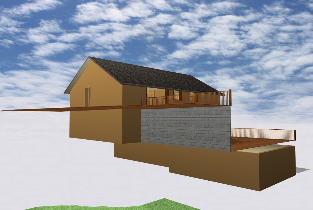 3D-Rendering eines Hauses auf einer erhöhten Plattform mit Terrasse, Geländern und Wolkenhimmel.