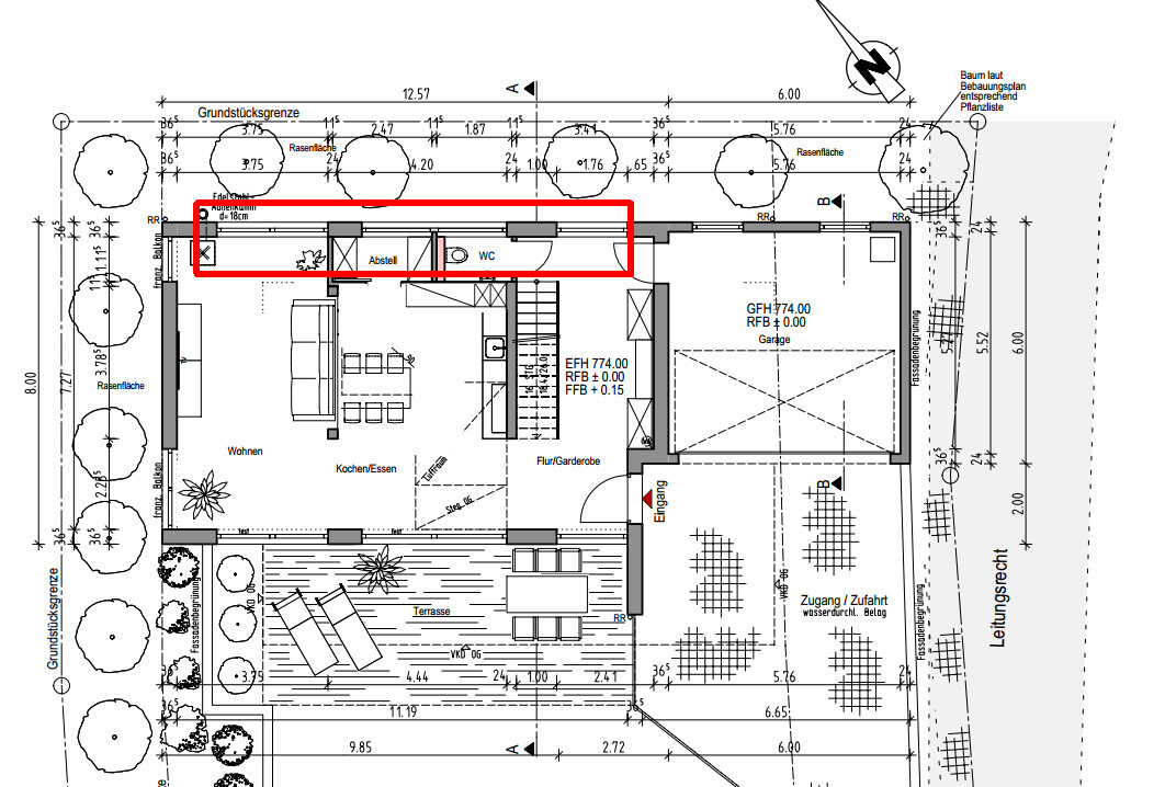 Floor plan of a house: living, cooking/dining, hallway; red frame highlights storage room and WC.