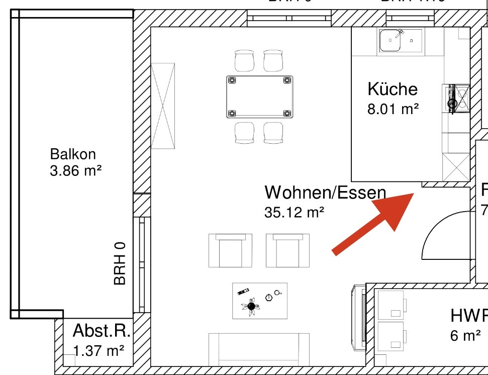 Floor plan of an apartment: open living/dining area with kitchen, balcony on the left, red arrow.