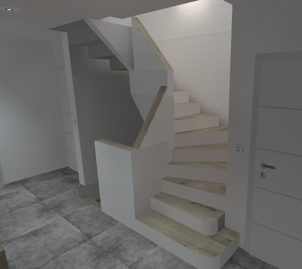 Modern interior staircase with light wooden steps and white railing, door on the right.