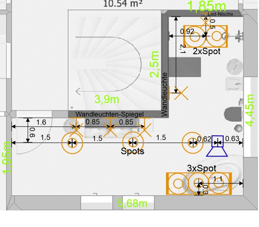 Floor plan with lighting layout: spotlights, wall lights, LED niche in kitchen area
